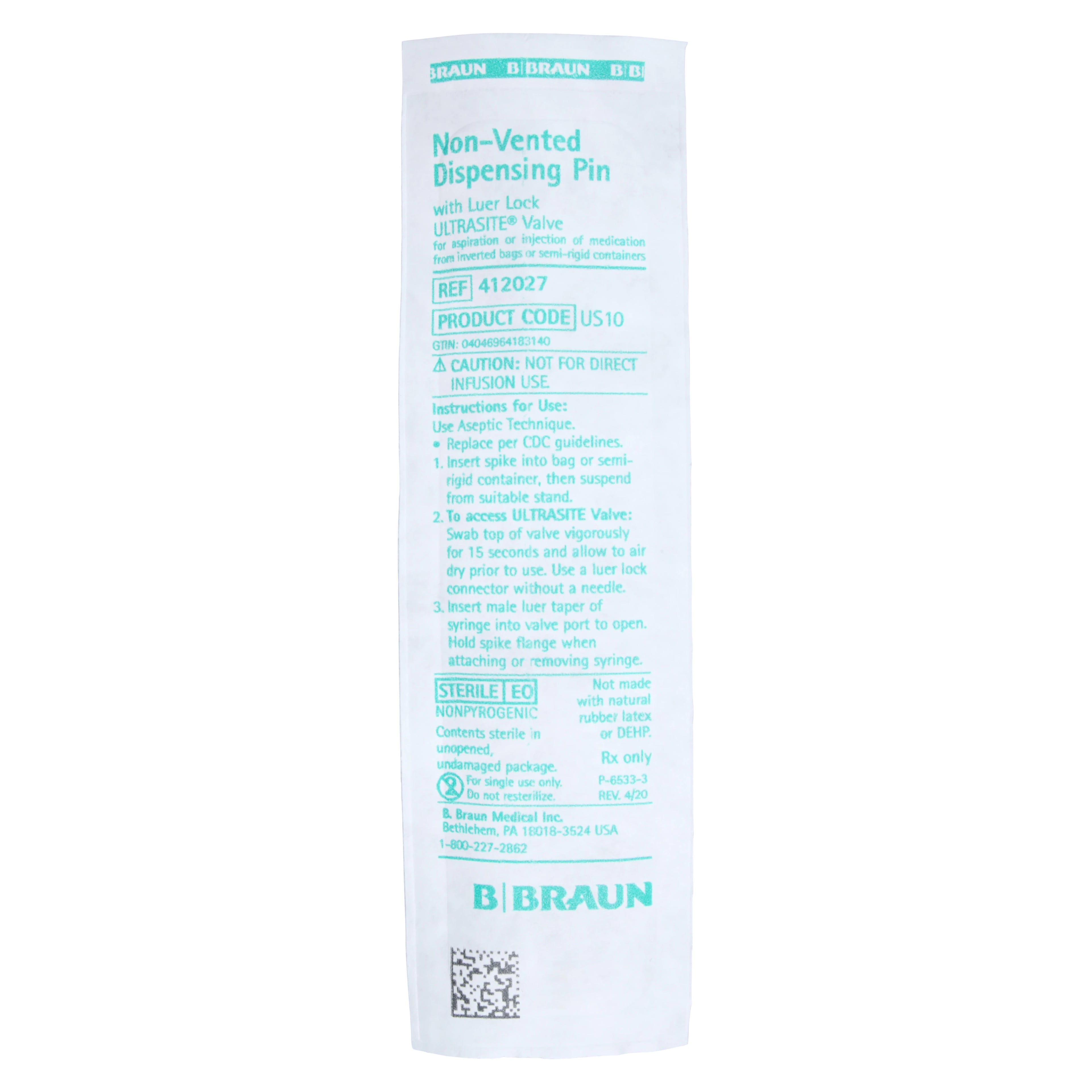 B. Braun ULTRASITE Vial Access Dispensing Pin, Non-Vented Spike, 2-Way Valve, Sterile, 50/Case