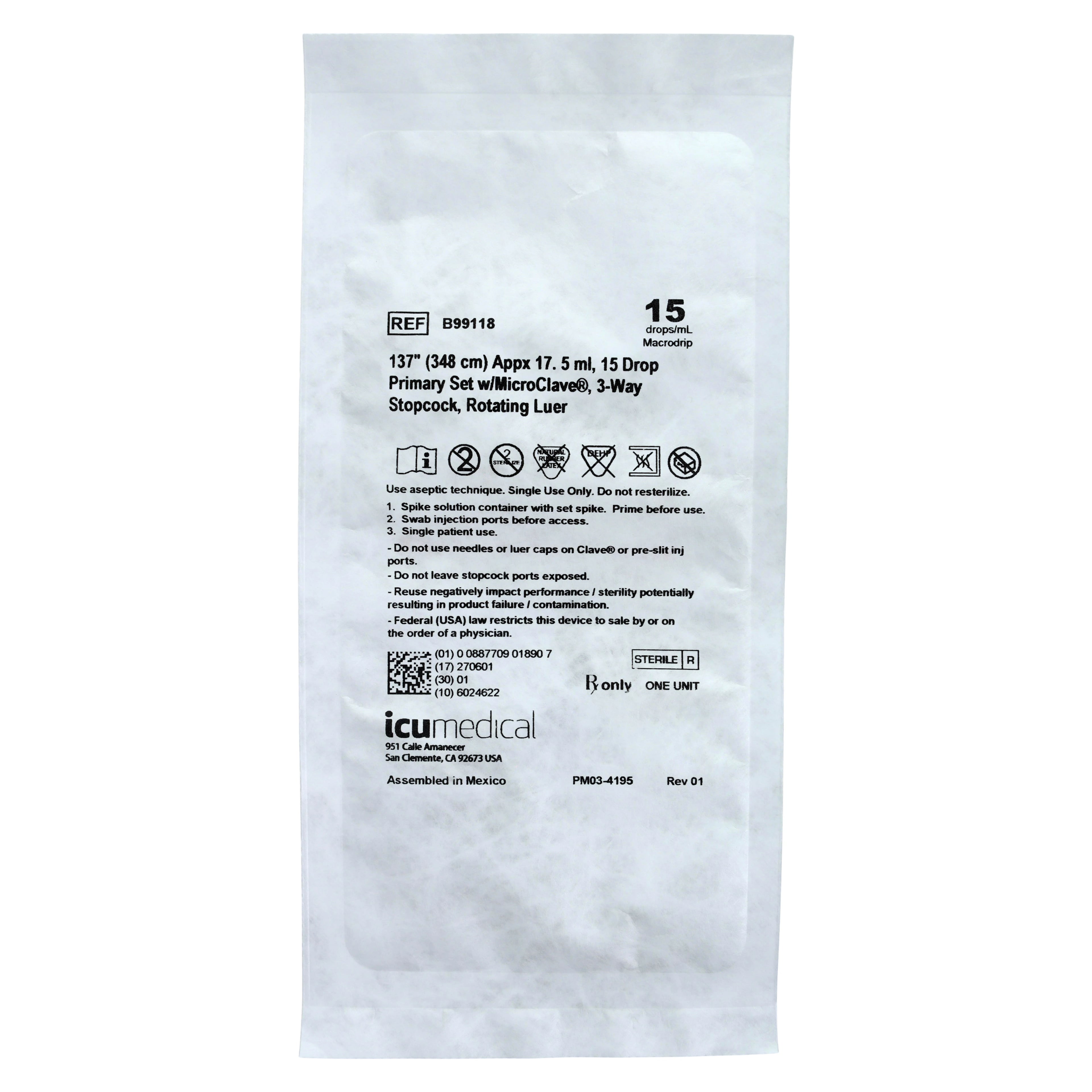 ICU Medical IV Administration Set, 15 Drops/mL, 137" Tubing, 50/Case