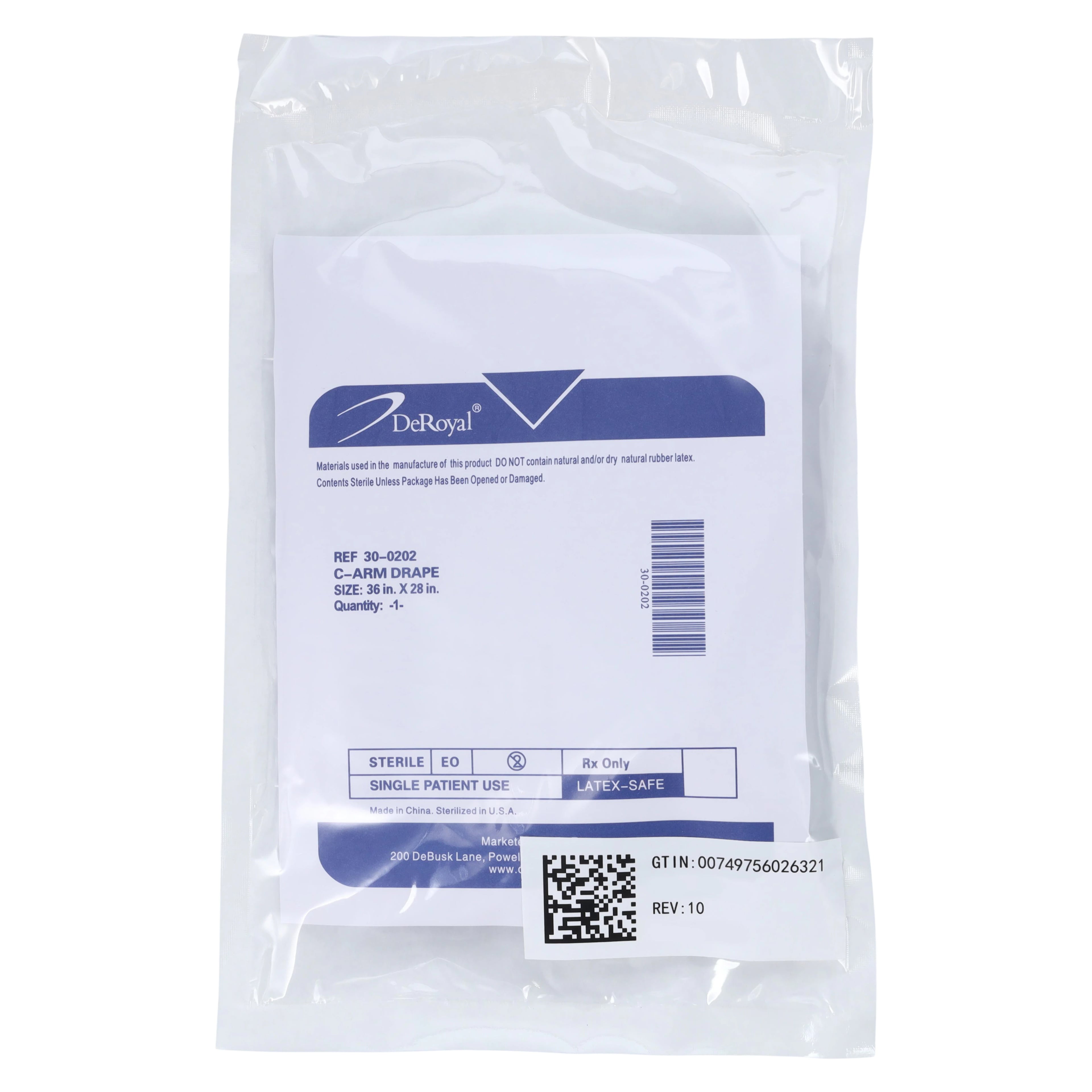 DeRoyal Sterile C-Arm Drape, Clear, 36" x 28"