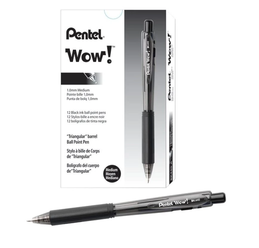 Pentel WOW! Ballpoint Pen, Retractable, Medium Point 1.0mm, Black, 12/Pack