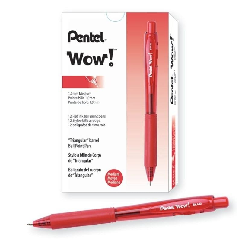 Pentel WOW! Ballpoint Pen, Retractable, Medium Point 1.0mm, Red, 12/Pack