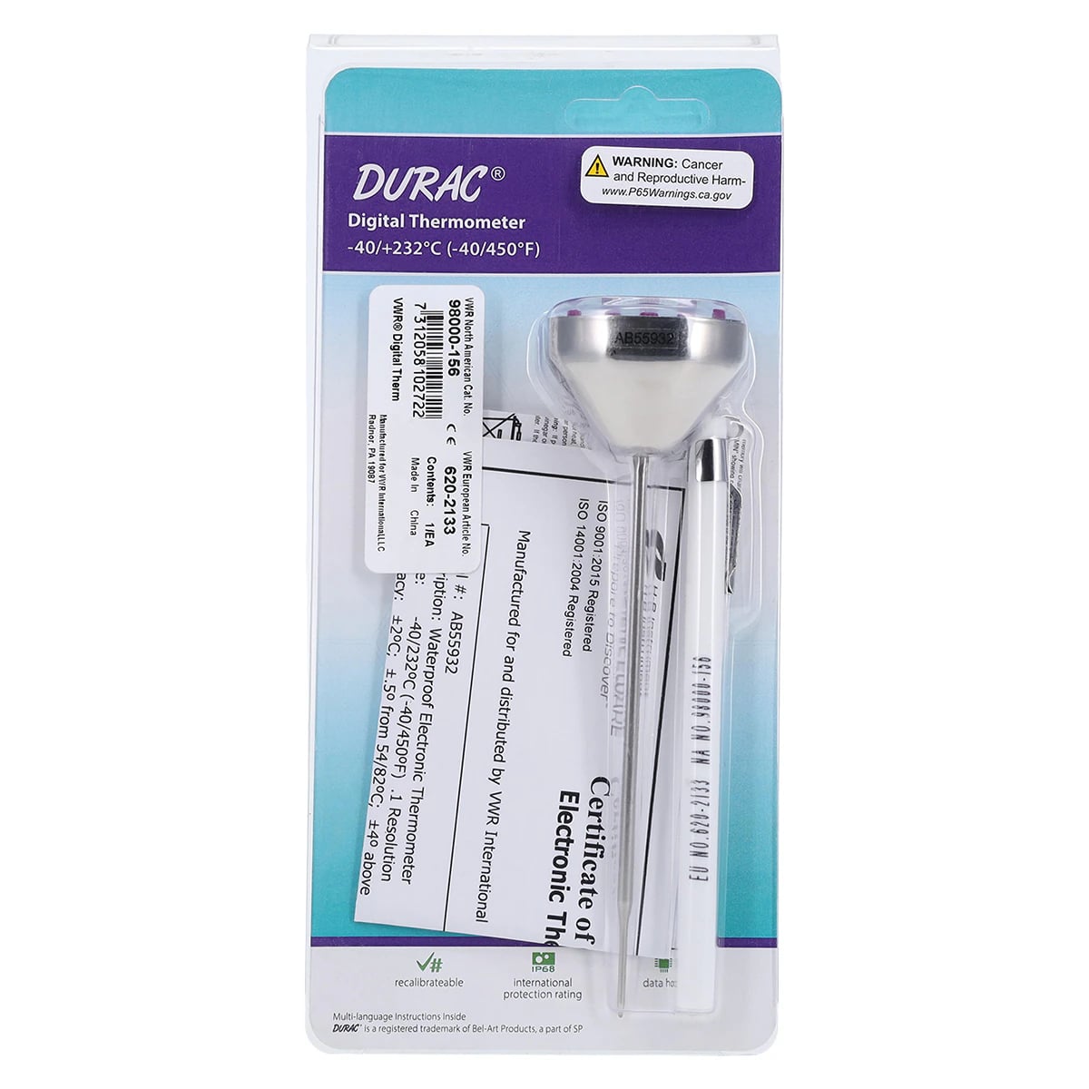 H-B Instrument Waterproof Thermometer, -40 to 232°C, Stainless Steel Probe, LCD, Field Calibratable, Each