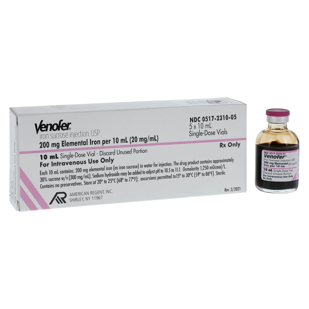 Venofer (Iron Sucrose) Injection, 20 mg/mL, 10 mL Single-Dose Vial, 5/Package