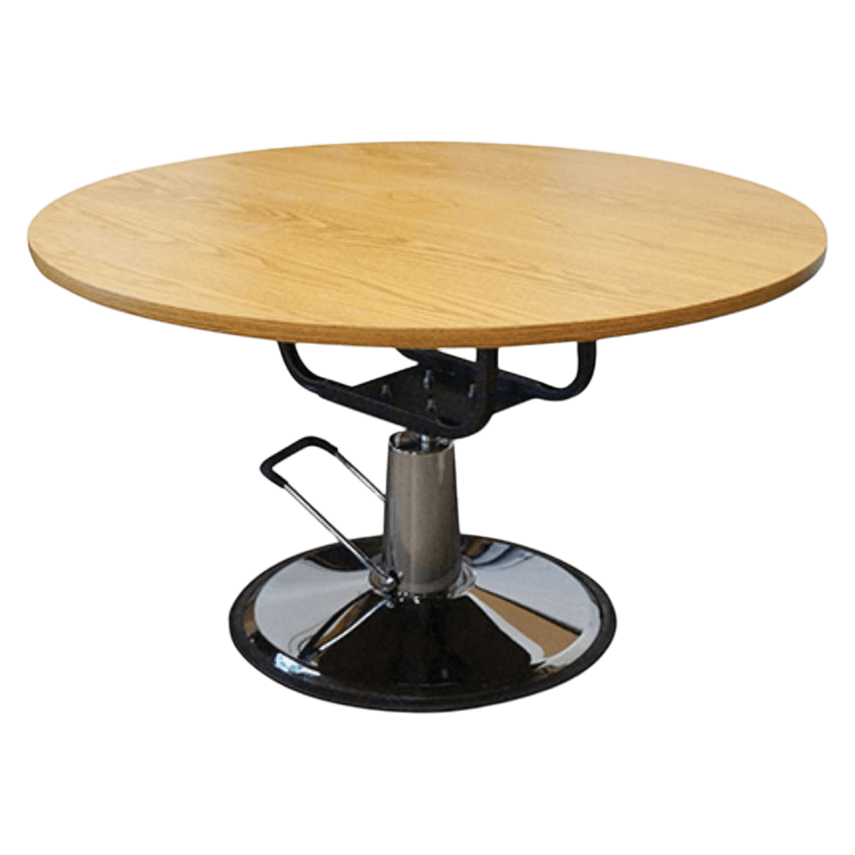 Restoramed Hydraulic Round Work Table, 48" Diameter, Oak Finish, 200 lb Capacity