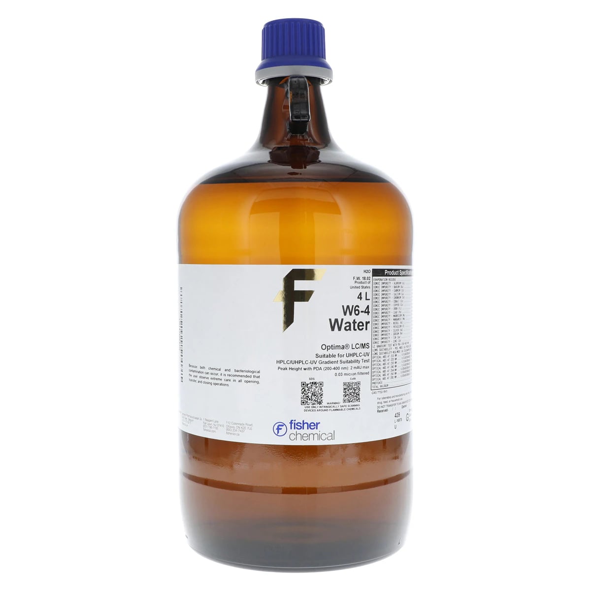 Fisher Chemical Optima LC/MS Grade Water, 4 L Glass Bottle, 4/Case