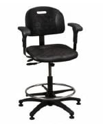 Brewer Task Series Lab Stool, Polyurethane, Black, Pneumatic Lift, Contoured Backrest, Adjustable 5-Leg Base with Arms