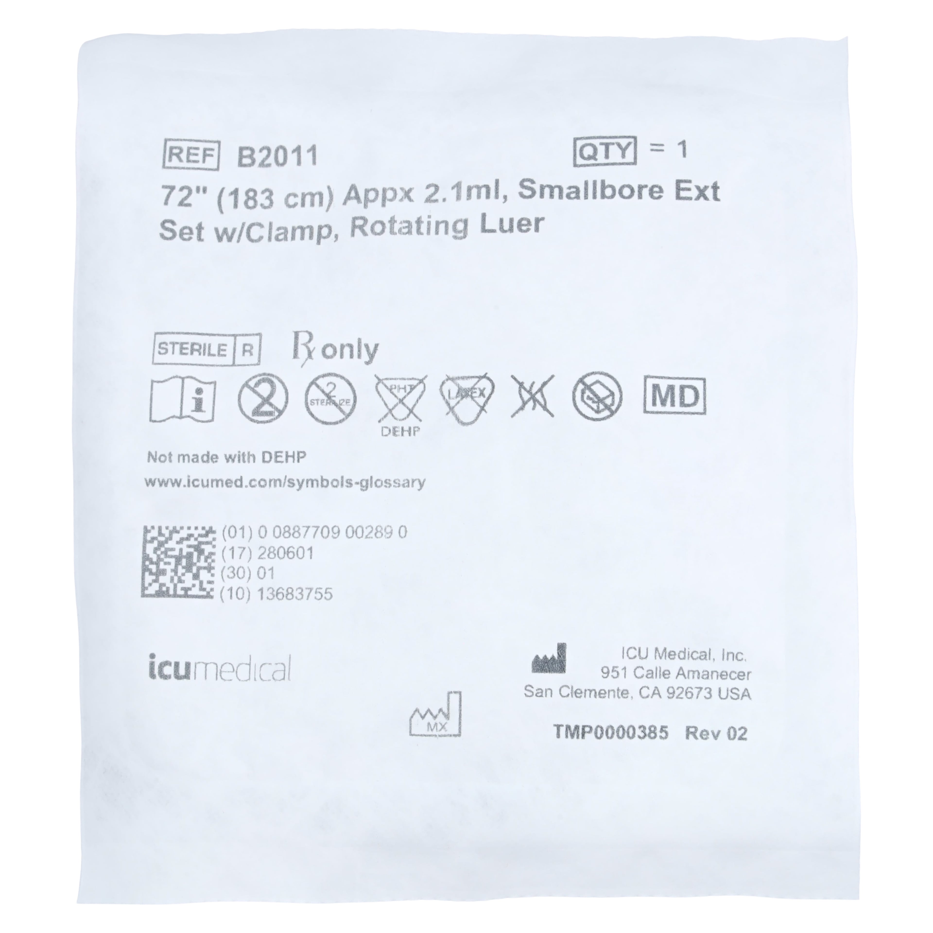 ICU Medical IV Extension Set, Small Bore, 72", Rotating Adapter with Clamp, 50/Case