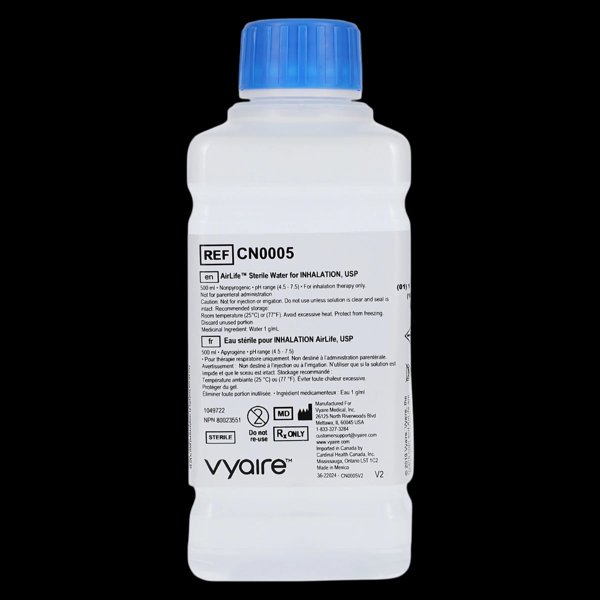Vyaire Medical Nebulizer Replacement Water, Sterile Water for Inhalation USP, 500mL Bottle, 18/Case