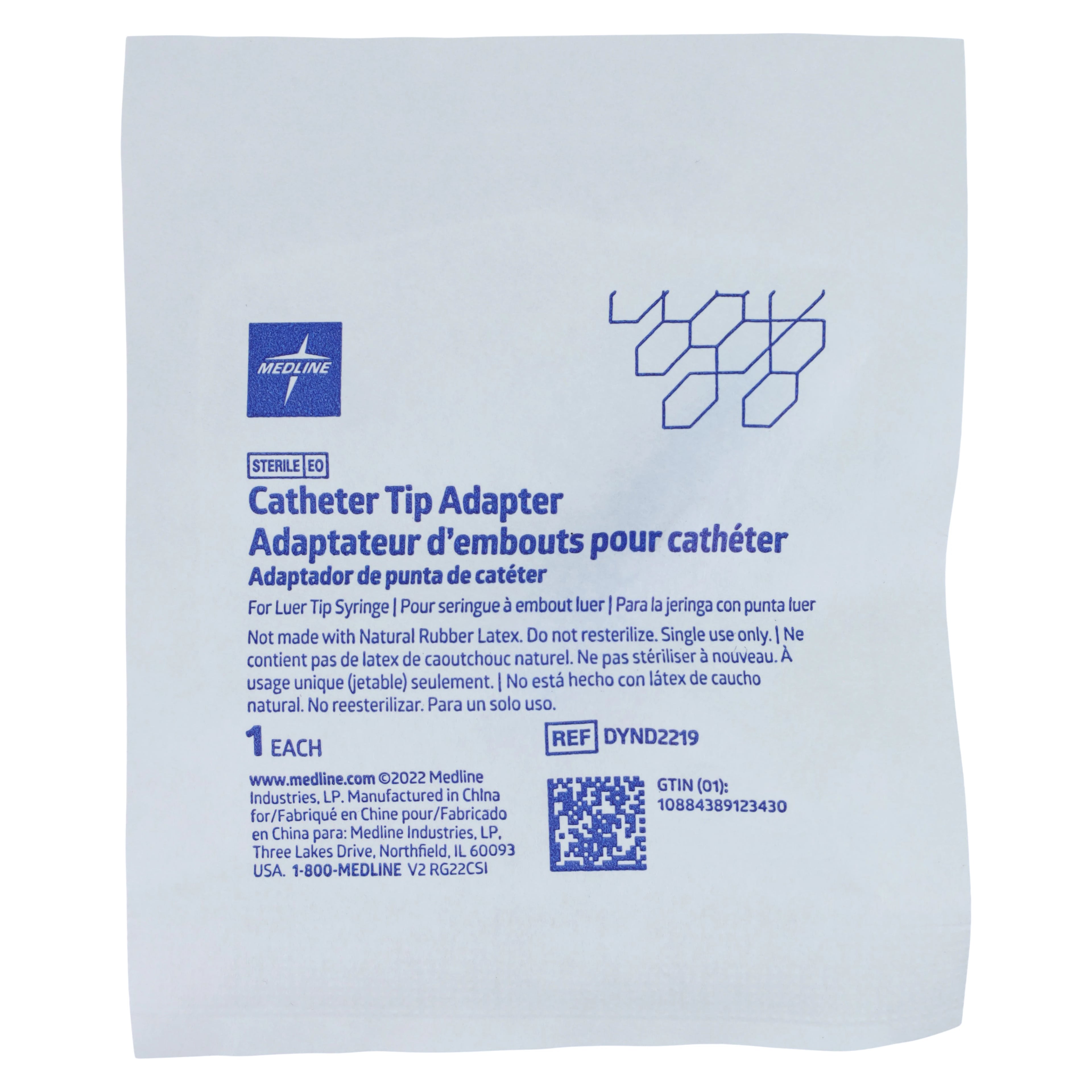 Medline Catheter/Syringe Adapter, Luer Lock, Sterile, Latex-Free, Blue, Disposable, 100/Case