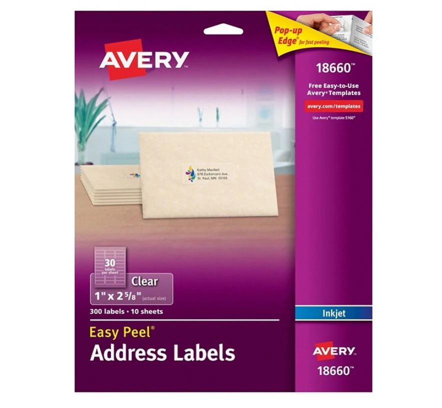 Avery Clear Inkjet Return Address Labels, 1" x 2-5/8", 300/Pack