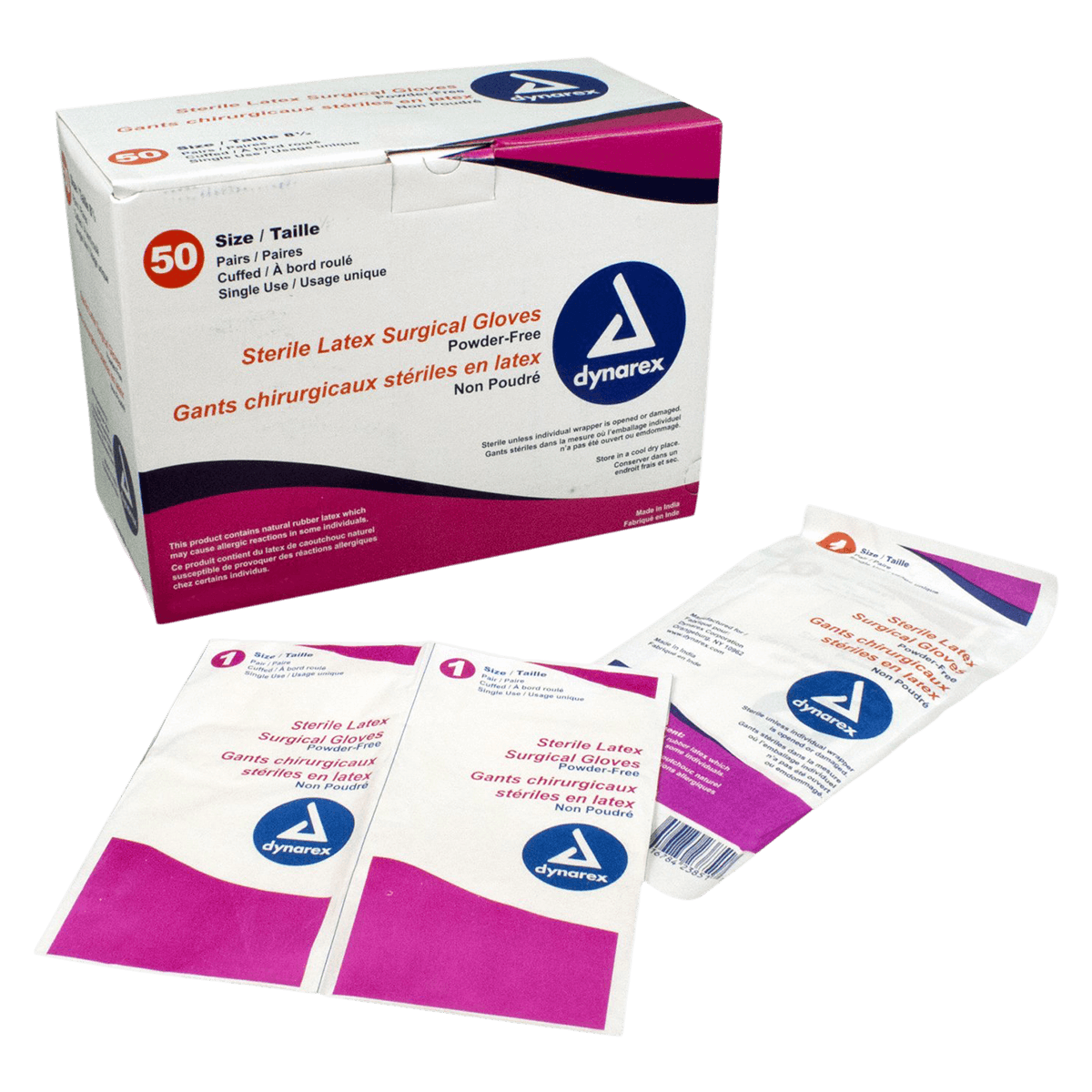 Dynarex Sterile Latex Surgical Gloves, Size 6.5, Powder-Free, 50/Bx, #2365