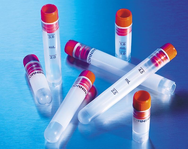 Corning Lifesciences Cryogenic Vial, Polypropylene, 2mL, Internal Thread, Round Bottom, Self-Standing, Sterile, Disposable, 500/Case