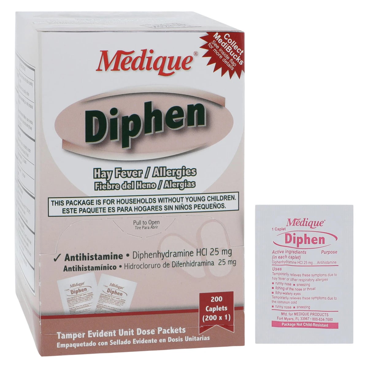 Medique Diphenhydramine HCL 25mg Caplets, Allergy Relief, Unit Dose Packets, 200/Box