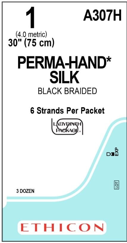 Ethicon Perma-Hand Silk Suture, Sutupak Pre-Cut, Size 1, 30 in, Black Braided, Non-Absorbable, 36/Box, A307H