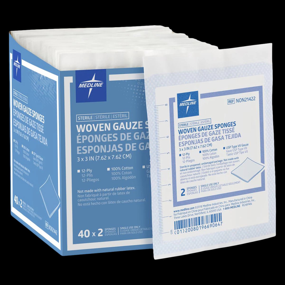 Medline 100% Cotton Woven Gauze Sponge, 3x3 inch, 12 Ply, Sterile, USP Type VII, Latex-Free