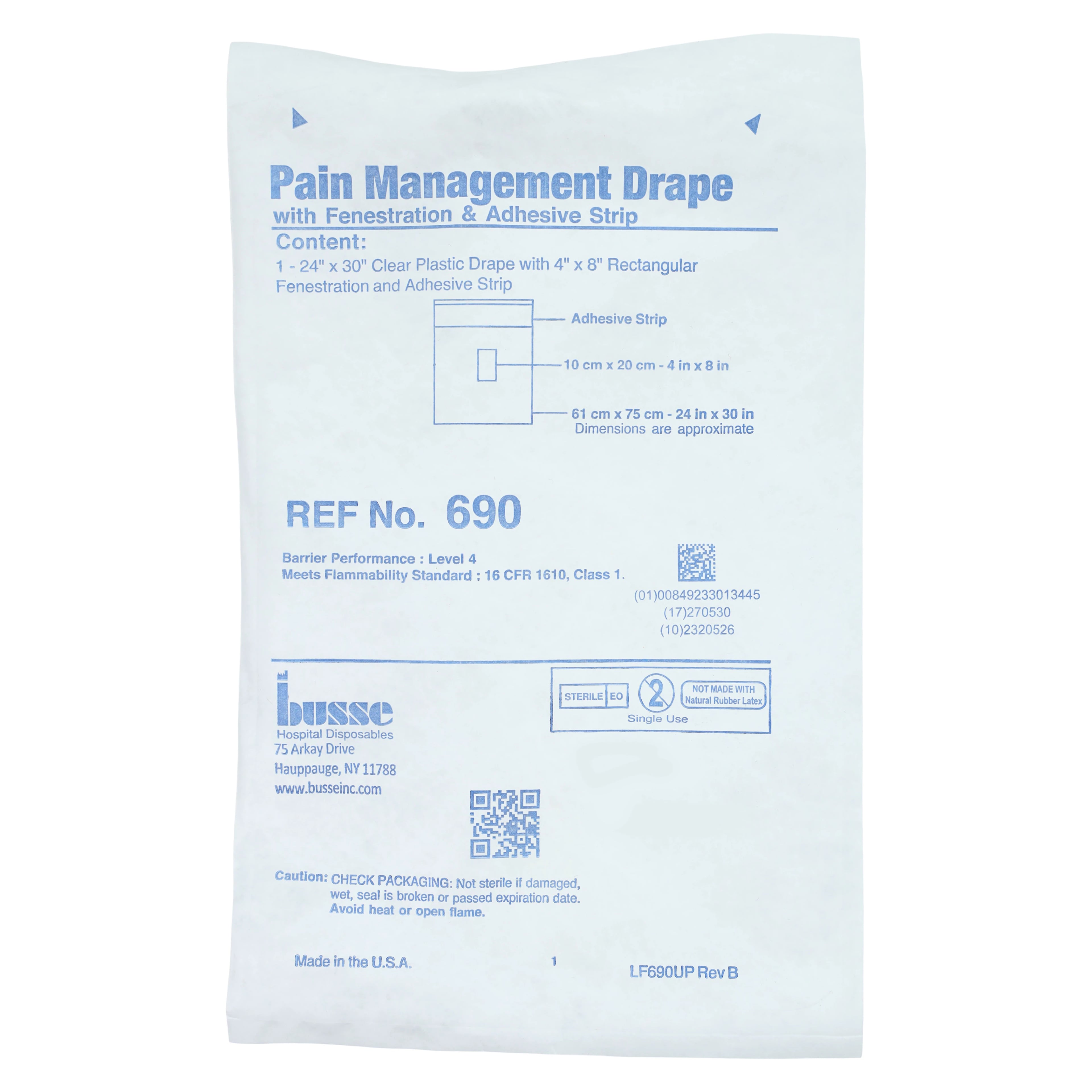 Busse Hospital Disposable Sterile Pain Management Drape, 30x24" with 4x8" Fenestration, Clear