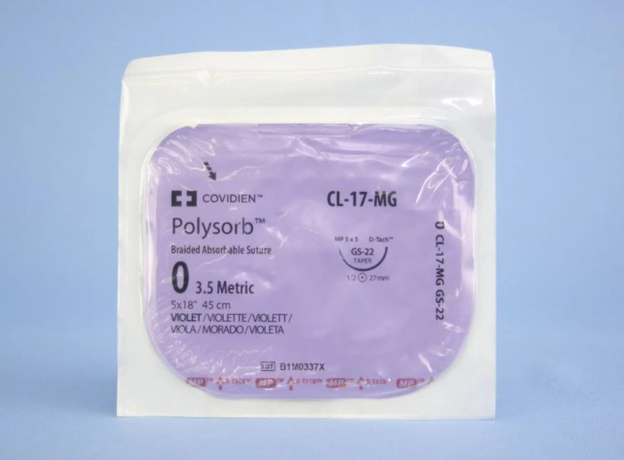 Medtronic Polysorb Absorbable Suture, Size 0, 18" Polyester Braid, GS-22, Taper Point 1/2 Circle Needle 27mm, Coated Violet, 12/Case