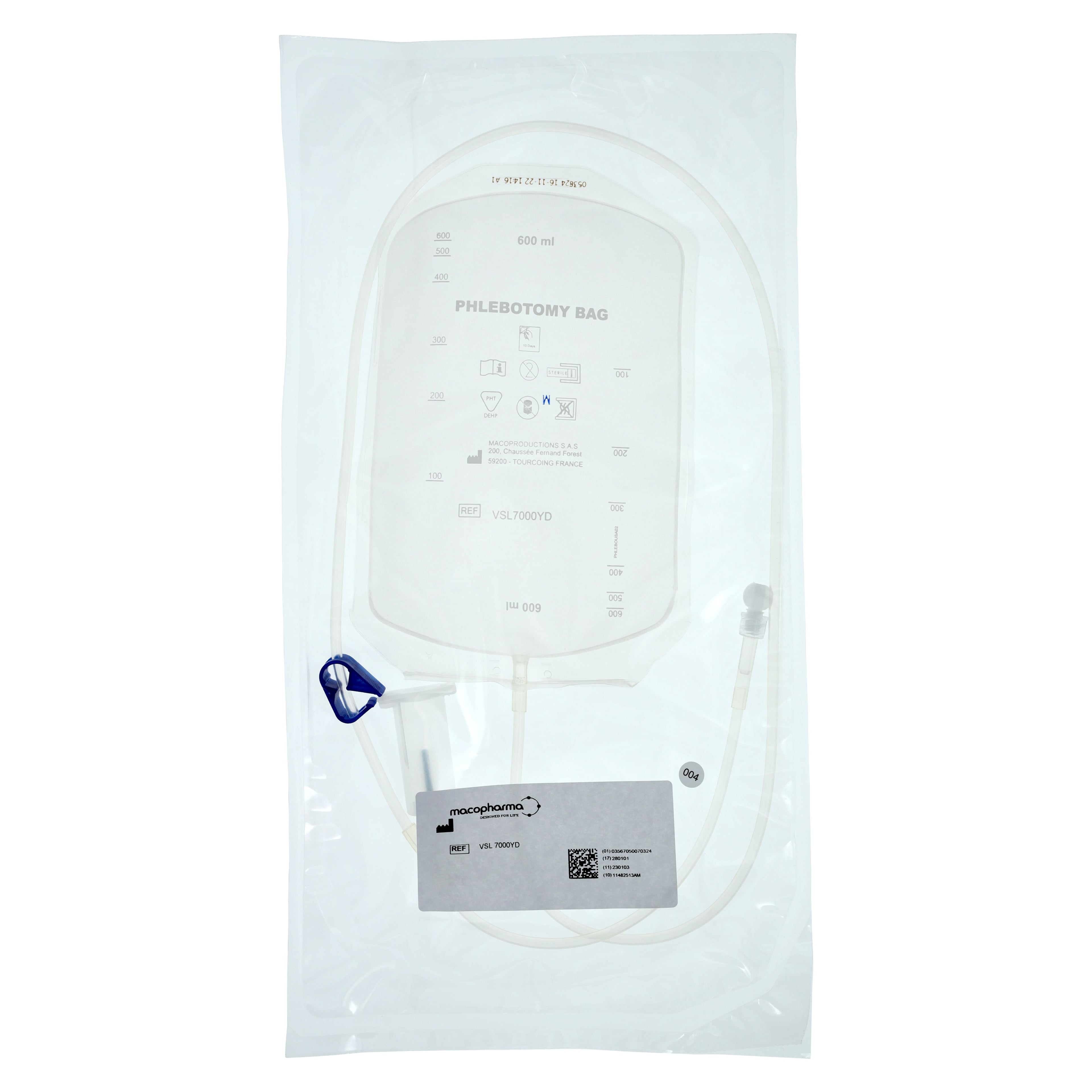 Phlebotomy Bag, 600mL, PVC, Luer Lock, DEHP-Free, Latex-Free, Clear, Single Patient Use, 20/Case