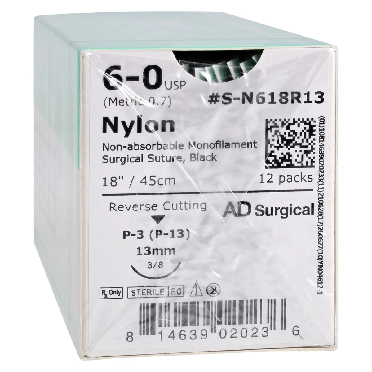 Unify Suture Nylon Monofilament 6-0, 18" Non-Absorbable, P-13 Reverse Cutting 3/8 Circle Needle 13mm, Black, 12/Box