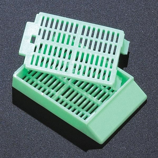 Globe Scientific Tissue Embedding Cassette, Green, Attached Lid, Rectangular, 30° Writing Area, Dispenser Box, 1000/Case