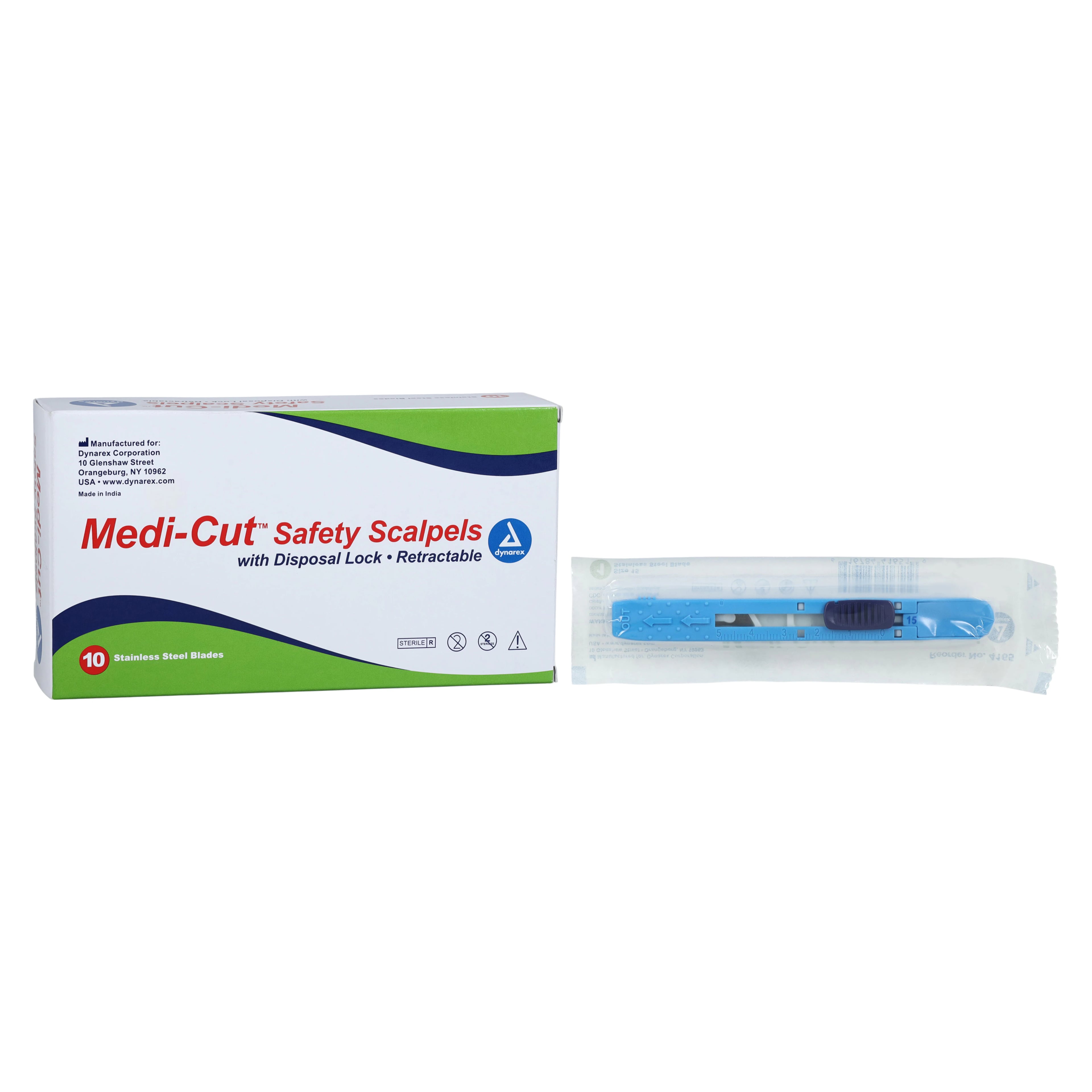 Dynarex Medi-Cut Disposable Retractable Safety Scalpel #15, Stainless Steel, Sterile