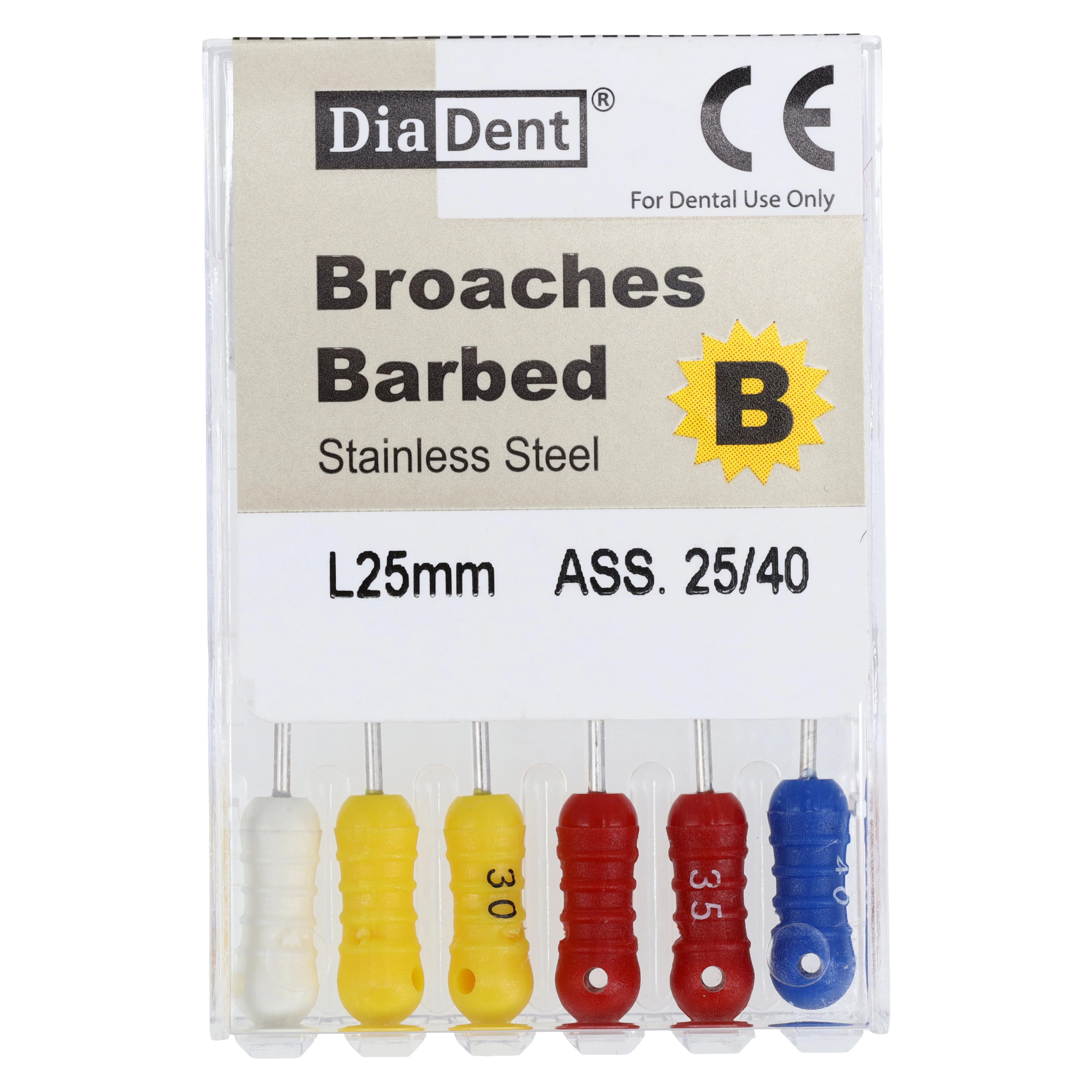 Diadent Barbed Broaches, Size 25/40, 25mm, XXXF-F, 6/Box