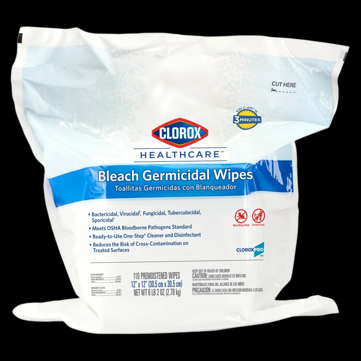 Clorox Healthcare Bleach Germicidal Wipes Refill, 12" x 12", 110 Wipes per Refill, 2 Refills per Case, EPA Reg. No. 67619-12