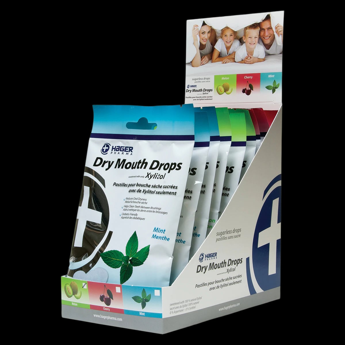 Miradent Xylitol Drops, Assorted Flavors (Mint, Melon, Cherry), Display Box of 12 Pouches (26 Drops per Pouch)