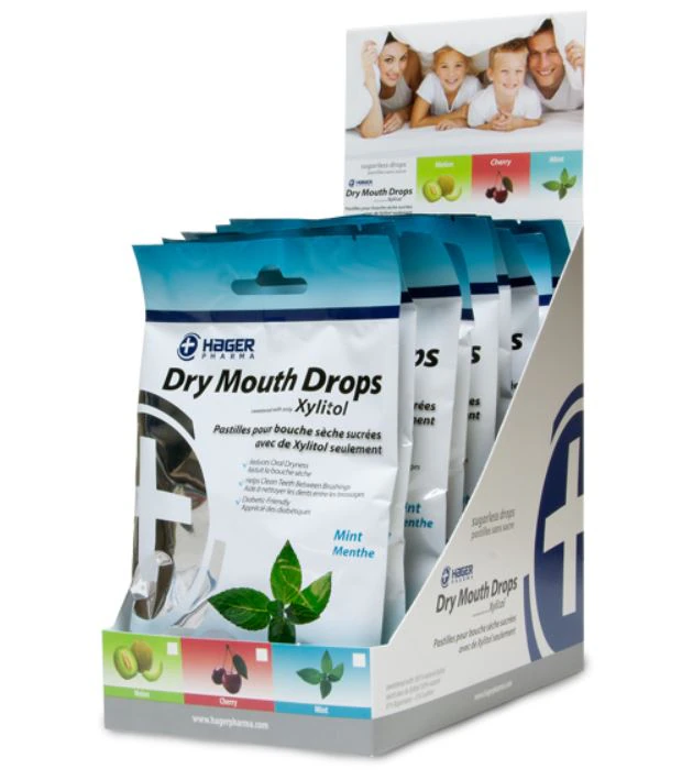 Miradent Xylitol Dry Mouth Drops, Mint, 26 Drops per Pouch, Display Box of 12 Pouches, 630187