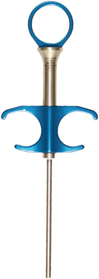 A Titan Instruments Bone Funnel Straight 3.5mm, Stainless Steel, Blue, Holds 1.5cc, Each
