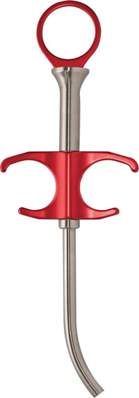 A Titan Instruments Curved Bone Funnel 4.5mm, Stainless Steel, Red Comfort Grip, 2.0cc Capacity, BFC-4.5