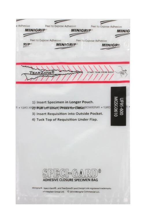 Speci-Gard Specimen Bag, 6x10", Clear, Adhesive Closure, 2 Pockets, 1000/Case