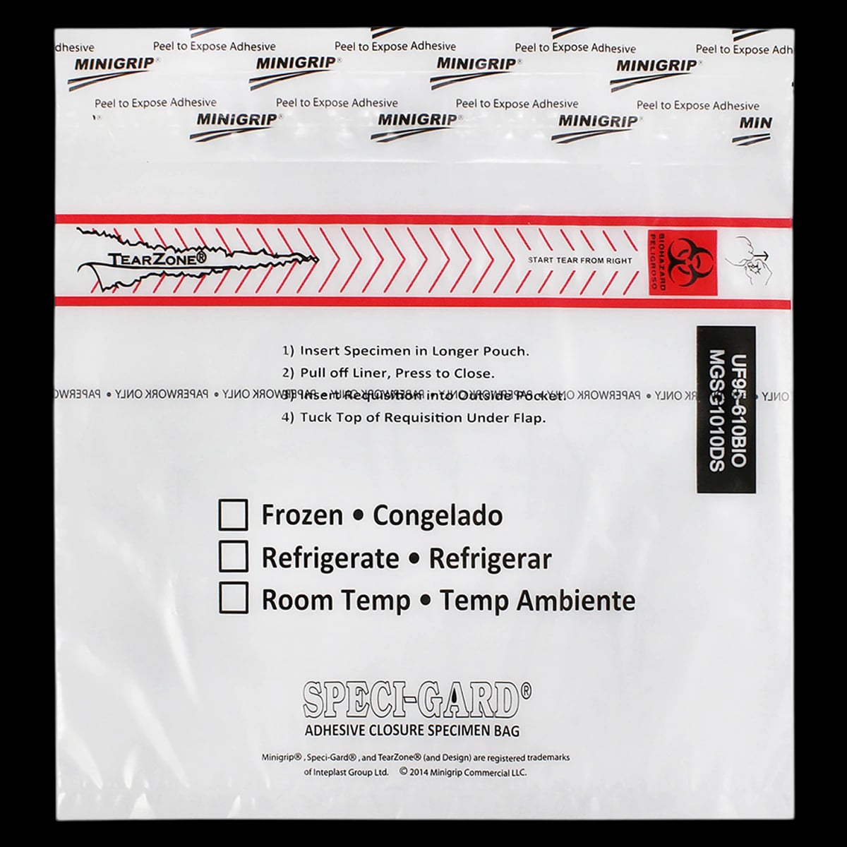 Speci-Gard Specimen Transport Bag, 10x10", Clear, Adhesive Closure, 2-Pocket, 1000/Case
