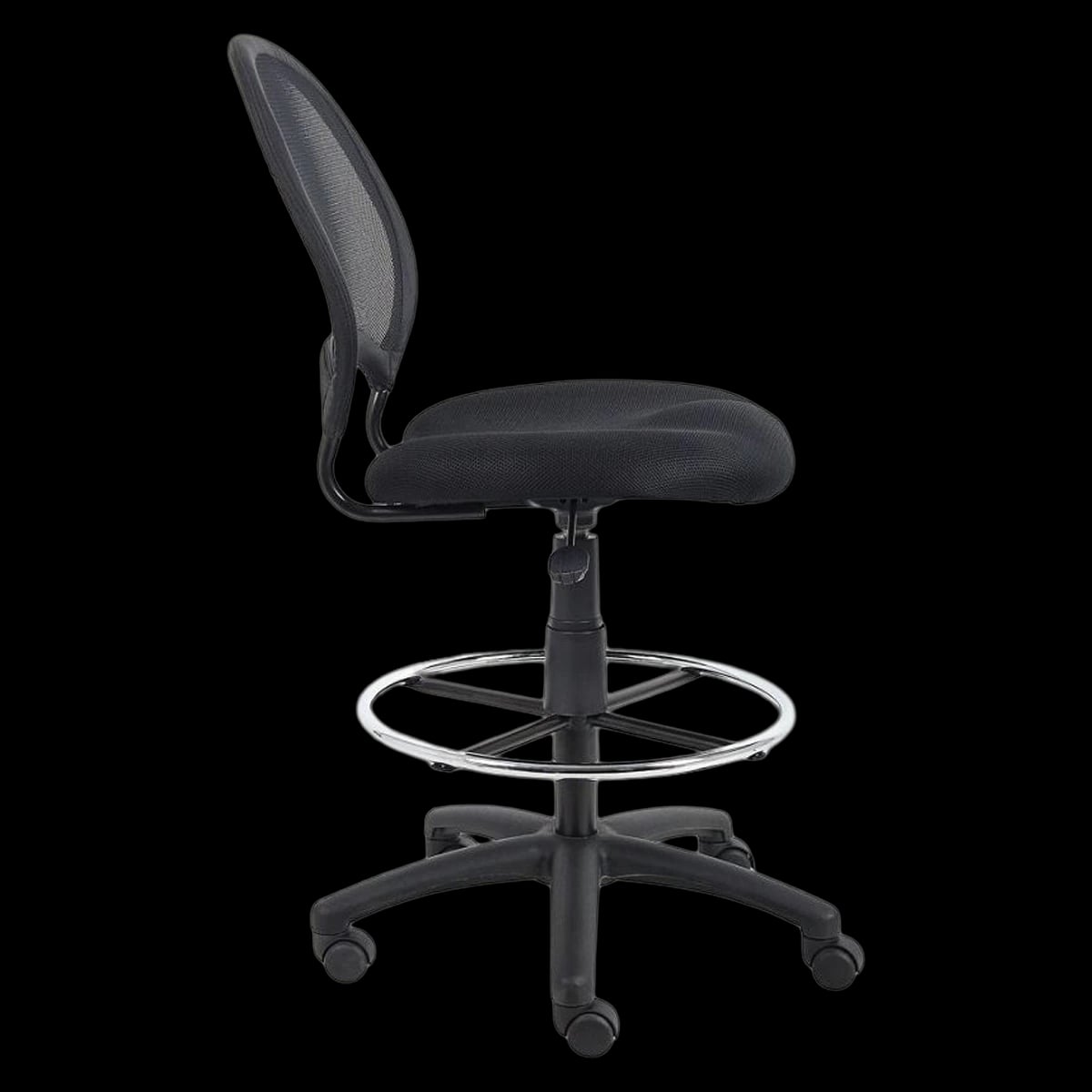 Boss Office Products Drafting Stool, Pneumatic Height Adjustment, 5-Star Base with Casters and Foot Ring, Black, 275 lb Capacity