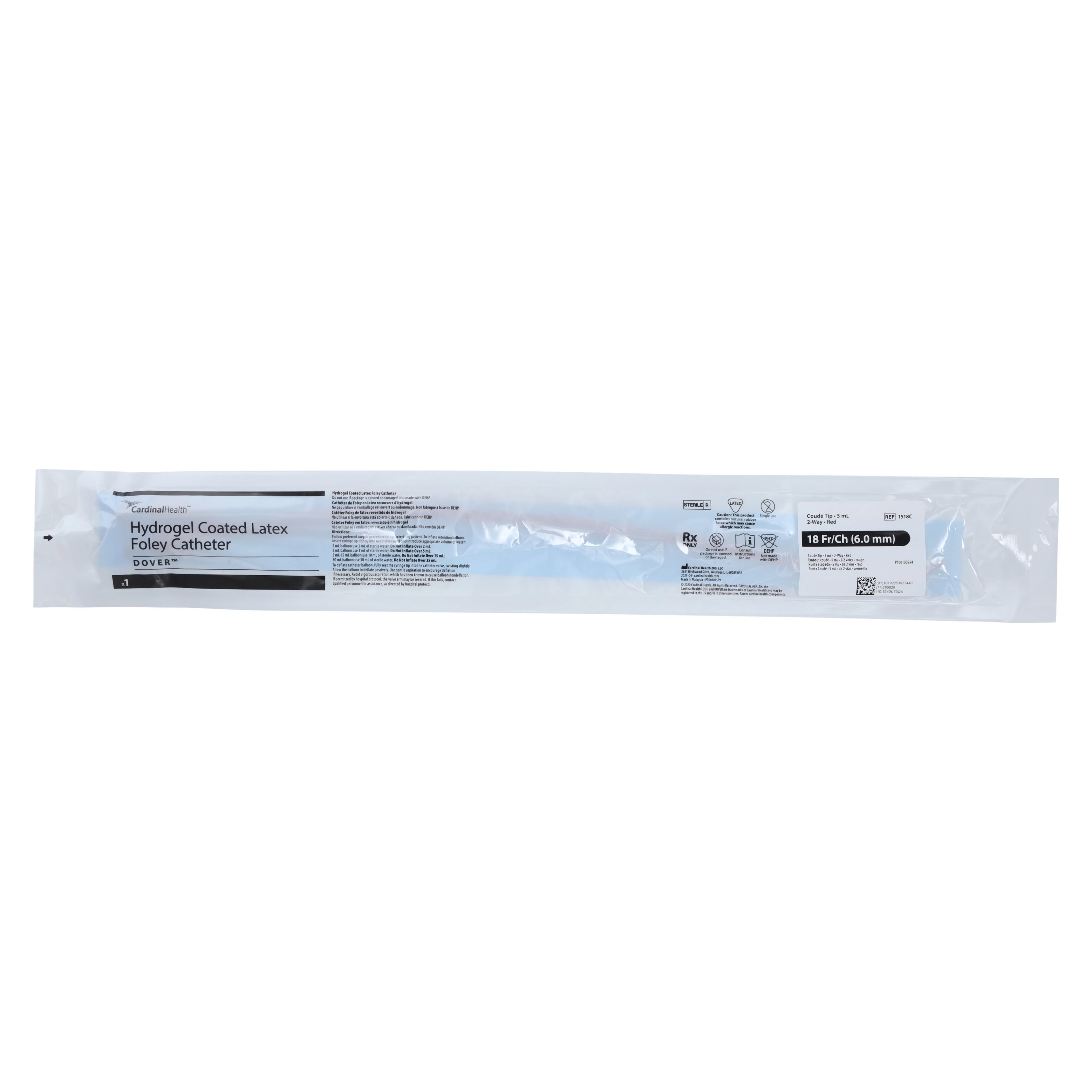 Dover 2-Way Foley Catheter, Coude Tip, Silicone, 18 Fr, 5 cc Balloon
