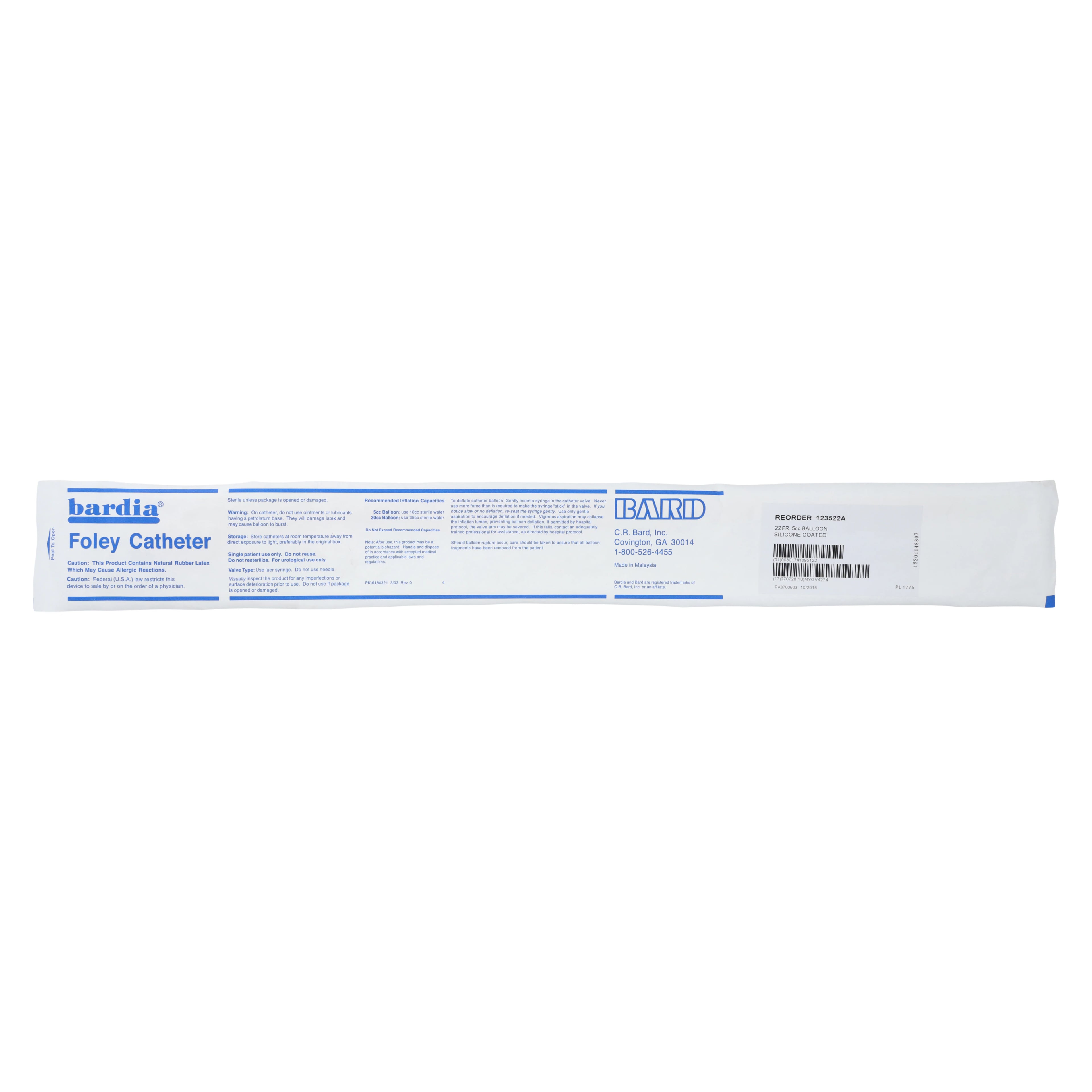 Bardia 2-Way Foley Catheter, Silicone, 22 Fr, 5 cc Balloon, Medium Tip