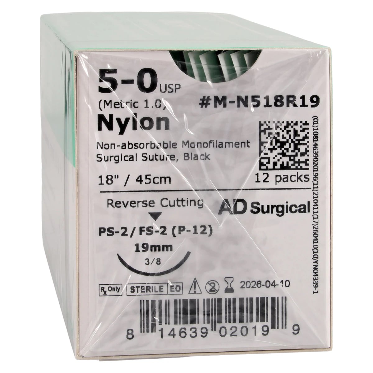 Unify Nylon Monofilament Suture, 5-0, 18", FS-2 Reverse Cutting 3/8 Circle Needle 19mm, Black, Non-Absorbable, 12/Box