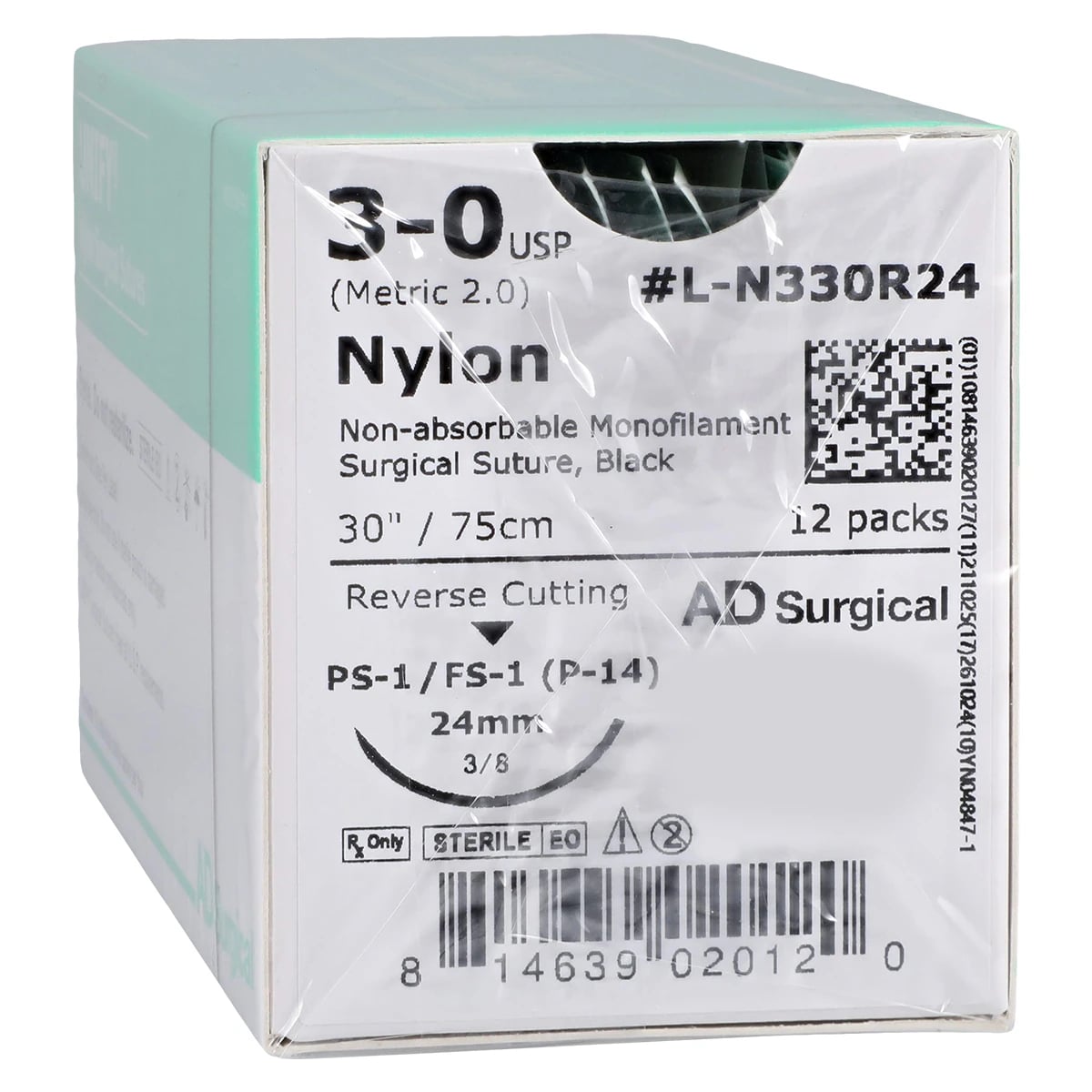 Unify Nylon Monofilament Suture, 3-0, 30", Non-Absorbable, FS-1 Reverse Cutting 3/8 Circle Needle 24mm, Black, 12/Box