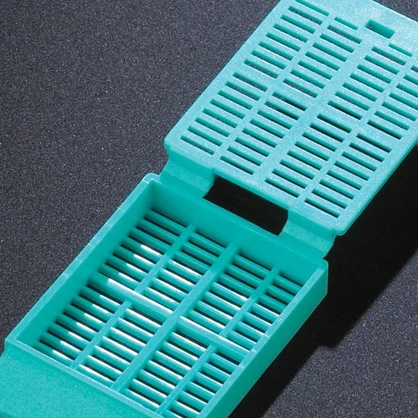 Globe Scientific Tissue Embedding Cassette, Plastic, Aqua, Attached Lid, Rectangular, 30° Writing Area, Dispenser Box, 1000/Case