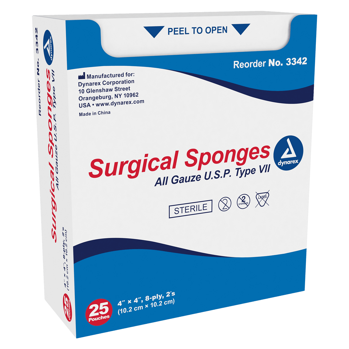 Dynarex Gauze Sponge, Sterile, 4"x4", 12 Ply, 100% Cotton, 10/Pack, #3345