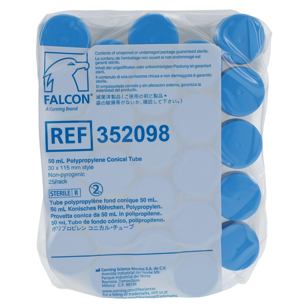 Corning Falcon 50mL Conical Centrifuge Tube, Polypropylene, Graduated, Blue Screw Cap, Sterile, 500/Case (352070)