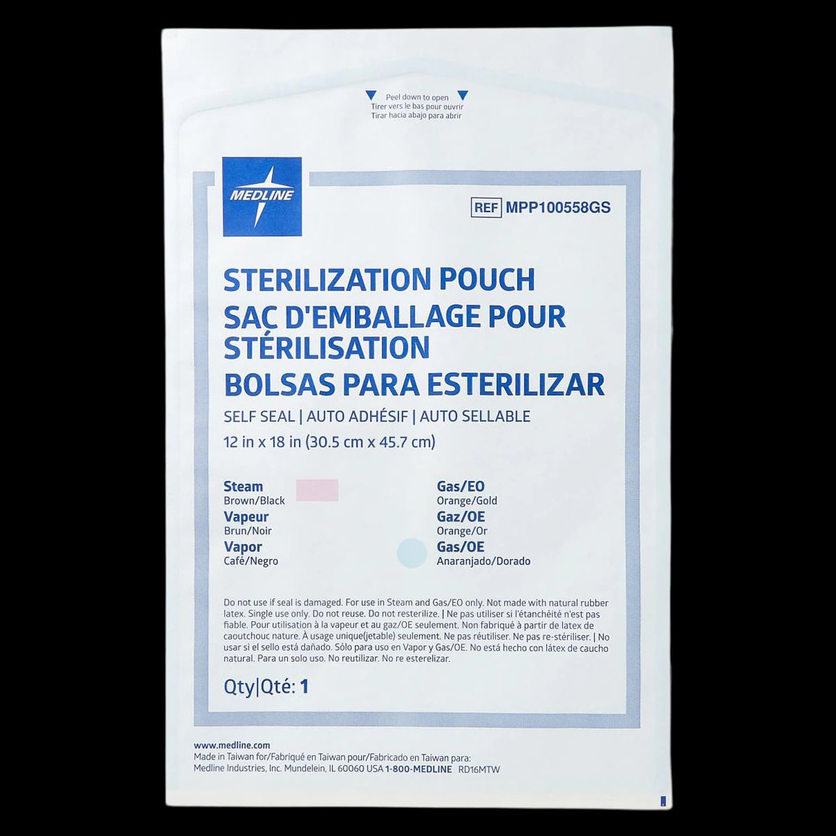 Medline Self-Seal Sterilization Pouch, 12 in x 18 in, White/Blue, Latex-Free, 1000/Case