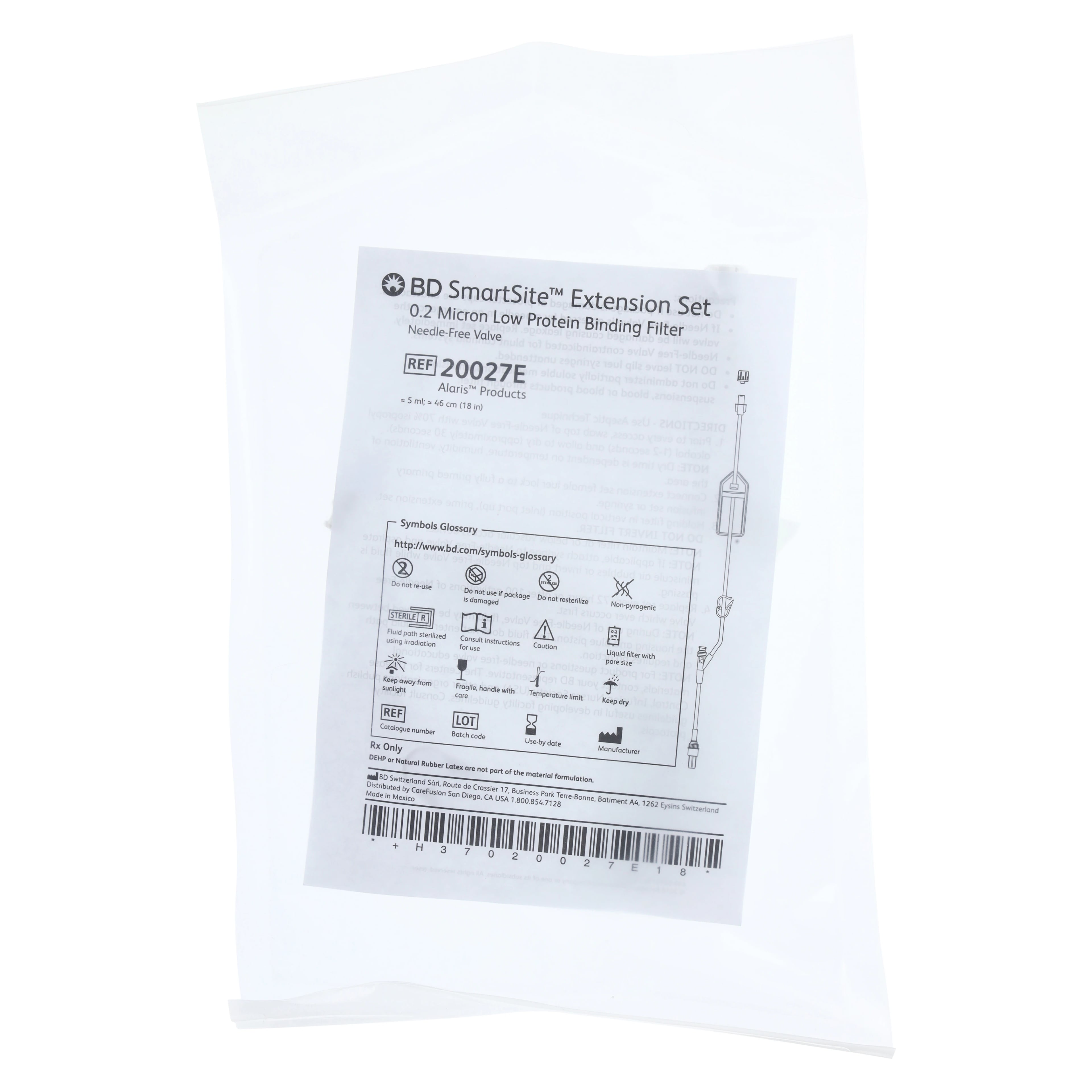 Carefusion SmartSite IV Extension Set, Needleless, 0.2 Micron Filter, 18" Spin Male Luer Lock, 100/Case