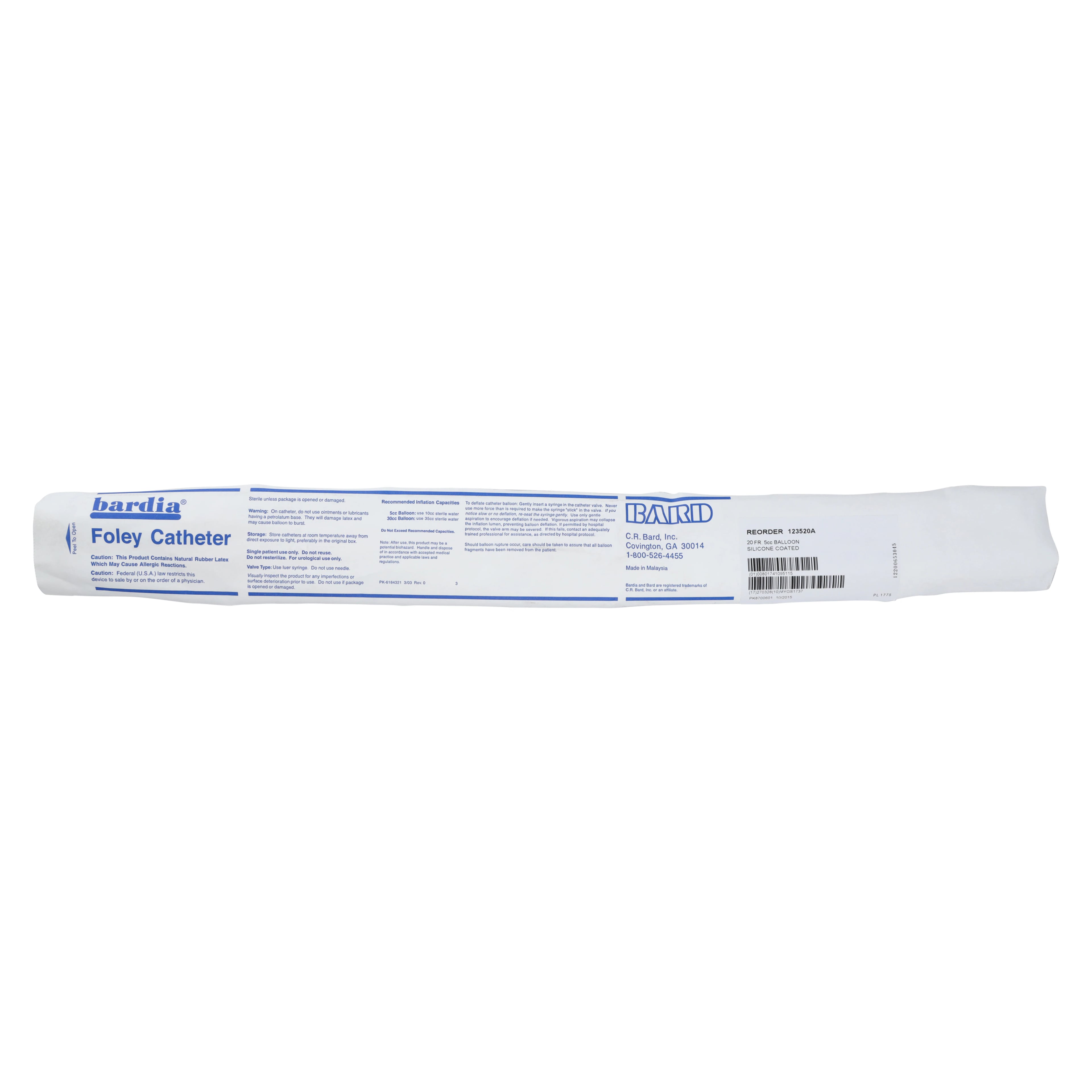 Bardia 2-Way Foley Catheter, Silicone, 20 Fr, 5 cc Balloon, Medium Tip