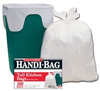 Berry Global Handi-Bag 13 Gallon Trash Bag, 23.75 x 28 in, Low Density, 0.6 mil, White, Flap Tie, 100/Box