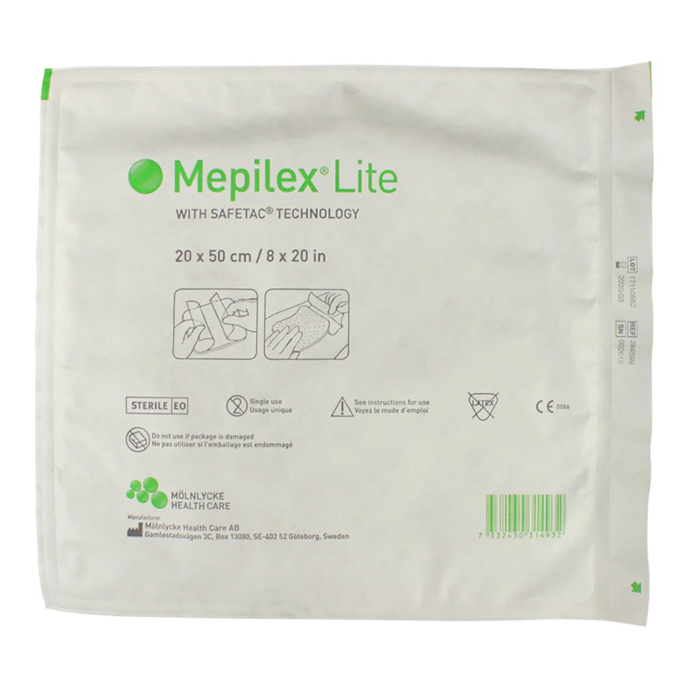Mepilex Lite Foam Neuro Dressing, 8" x 20", Sterile, Adherent, Adhesive, Absorbent, Latex-Free