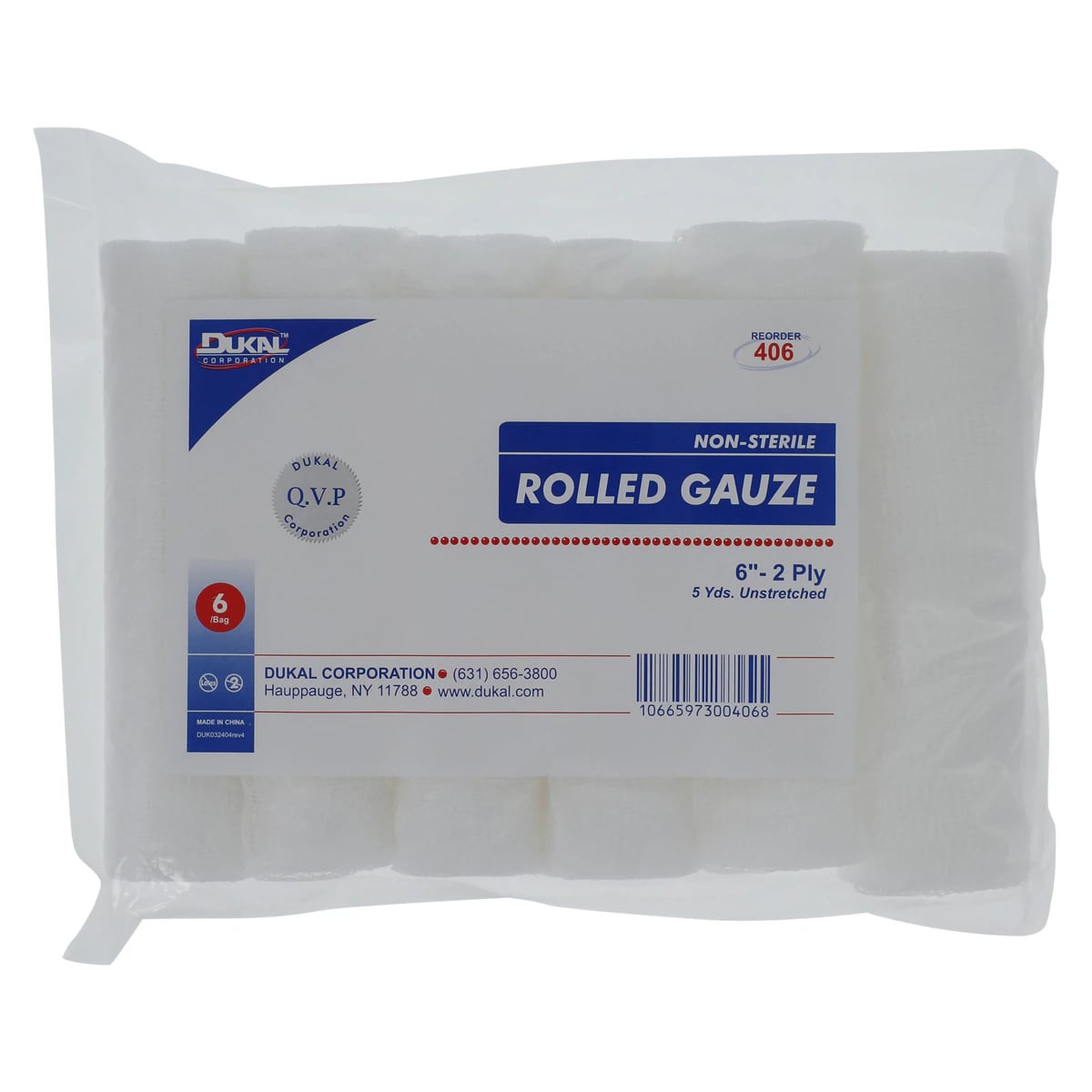 Dukal Gauze Bandage Roll, 2-Ply, Non-Sterile, 6" x 5 yd, 6/Package