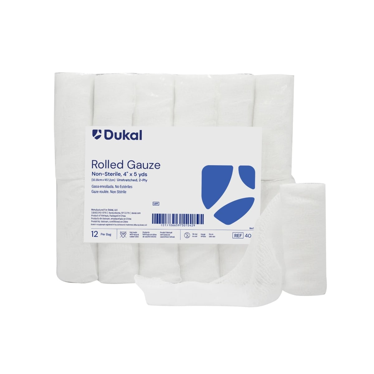 Dukal Gauze Bandage Roll, 2 Ply, Non-Sterile, 4" x 5 yd, 12/Package