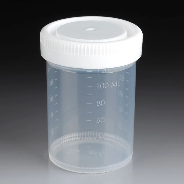 Globe Scientific Tite-Rite Specimen Container, 120mL, Polypropylene, Non-Sterile, Molded Graduations, Separate Screw Cap, Clear/White, 53mm Opening, 300/Case