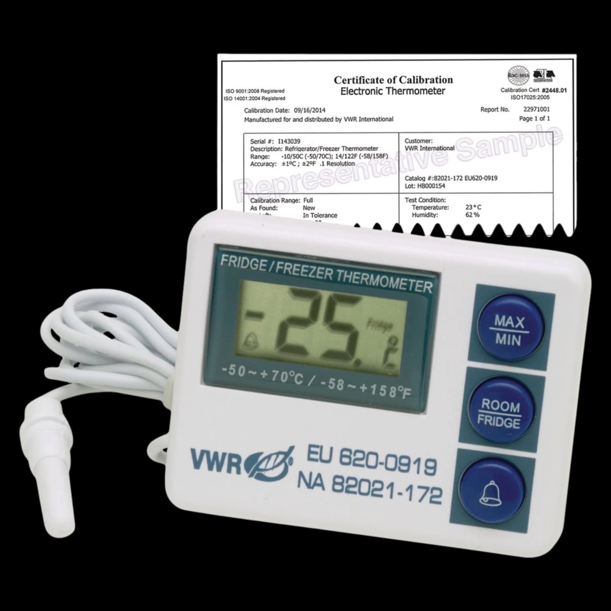 VWR Scientific Laboratory Thermometer, -50 to 70°C Internal / -10 to 50°C External, Each
